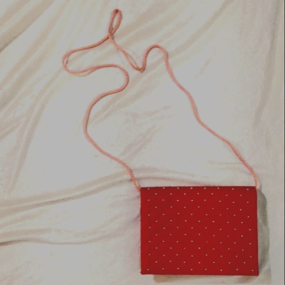 Red Satin Quilted Tufted and Gold Beaded Pink Cord Crossbody Evening Purse Fancy